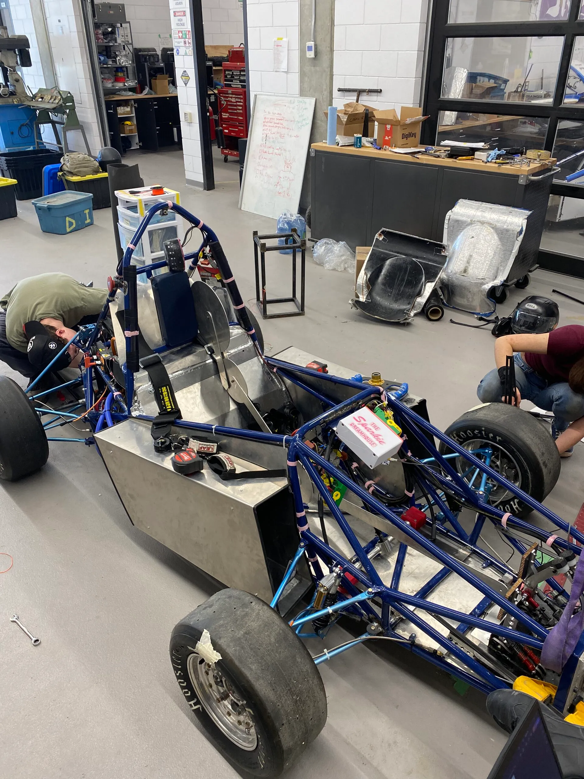 Rolling chassis in the shop before the trip, June 9