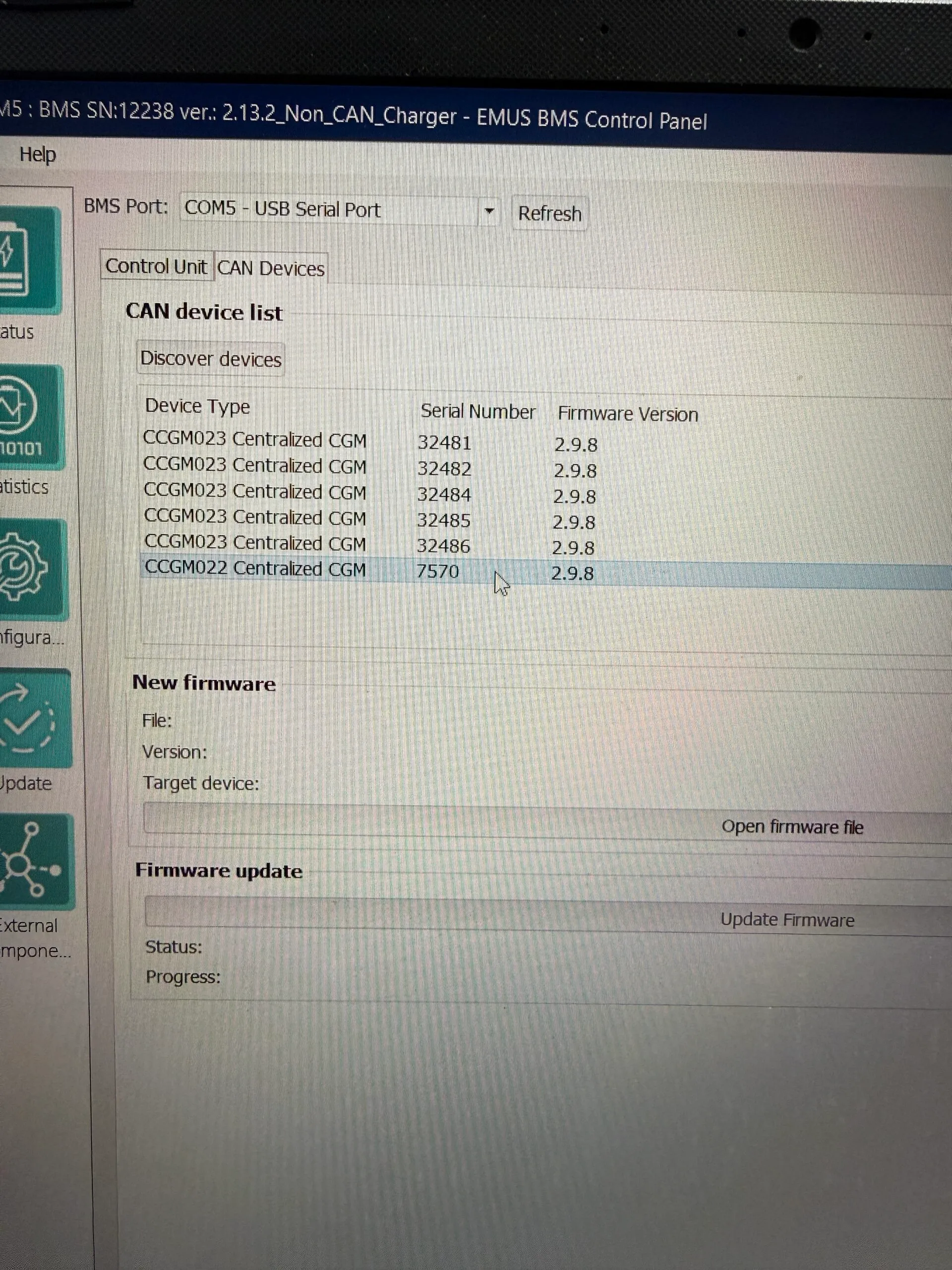 BMS control panel, CAN module log